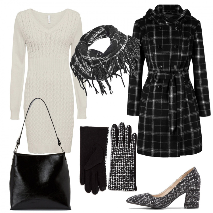 Outfit donna - Shopping Time. Stile Chic per Tutti i giorni. Abbinamento con vestiti, cappotti, décolleté, guanti, borse a secchiello, scialli.