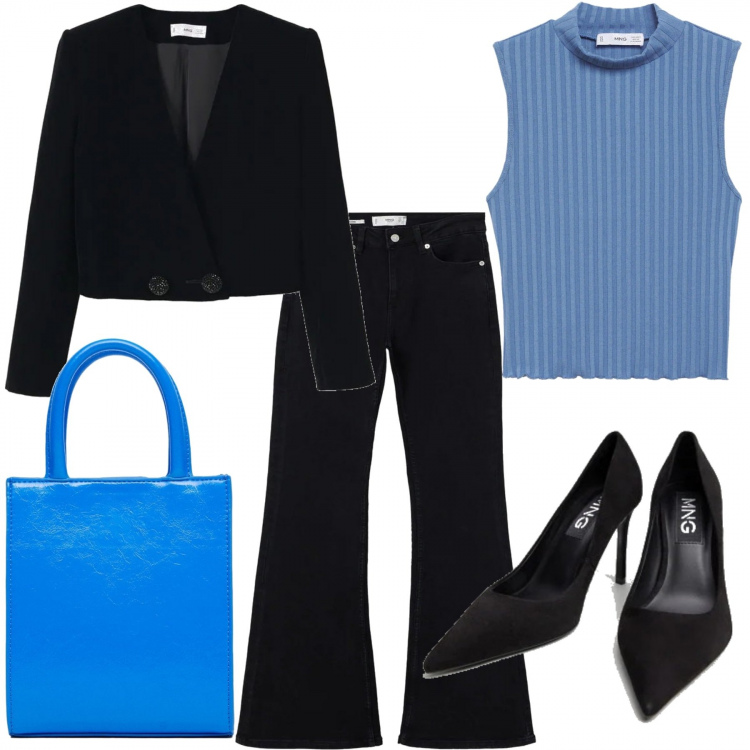 Outfit donna - Mango beautiful. Stile 70s per Tutti i giorni. Abbinamento con top, scarpe col tacco, giacche, jeans, shopping bag.