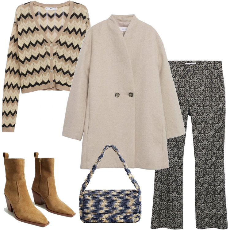 Outfit donna - Mango 2. Stile Boho per Ufficio. Abbinamento con cappotti, pantaloni, cardigans, stivaletti, borse a spalla.