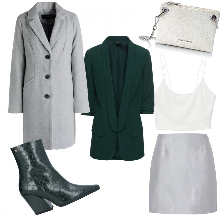 Outfit donna - Perla di bosco. Stile Chic per Serata fuori. Abbinamento con blazer, stivaletti, gonne longuette, cappotti, borse a mano, top.
