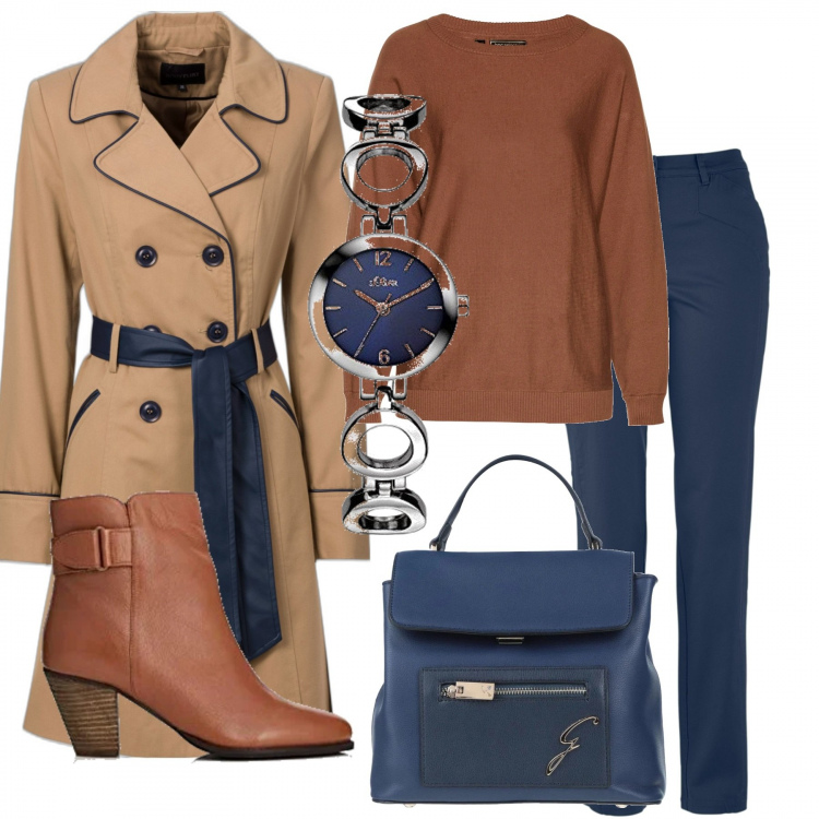 Outfit donna - Trench per i giorni di pioggia. Stile Casual chic per Ufficio. Abbinamento con maglieria, trench, pantaloni, borse a mano, stivaletti chelsea, orologi.