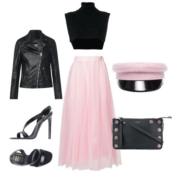 Outfit donna - Aperitivo sui tetti di Parigi. Stile Chic per Serata fuori. Abbinamento con sandali con punta tonda tinta unita, gonna midi in tulle rosa e viola, cappelli, blusa a coste collo a dolcevita crop nero, clutch in pelle taglia unica nero, cappotto nero.