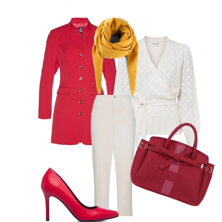 Outfit donna - Casual chic #11083. Stile Casual chic per Serata fuori. Abbinamento con foulard, maglieria, blazer, pantaloni, borse a mano, décolleté.