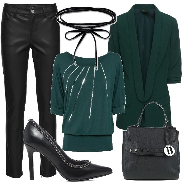 Outfit donna - Plus size: le feste verde bosco. Stile Casual chic per Serata fuori. Abbinamento con blazer, maglieria, pantaloni, borse a mano, décolleté, ciondoli.