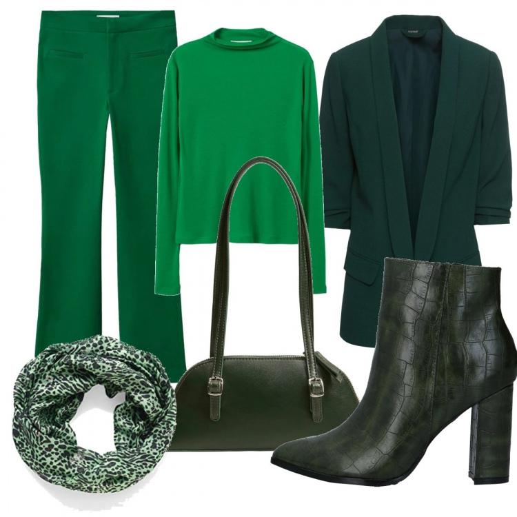 Outfit donna - Come un prato. Stile Trendy per Tutti i giorni. Abbinamento con blazer, stivaletti, t-shirt, pantaloni capri, borse a spalla, sciarpe.
