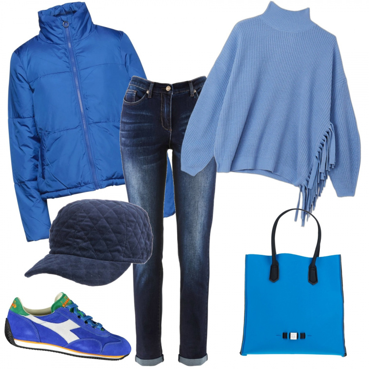 Outfit donna - Mondo blu. Stile Basic per Tutti i giorni. Abbinamento con jeans boyfriend, borse a mano, piumini, maglieria, sneakers, cappelli con visiera.