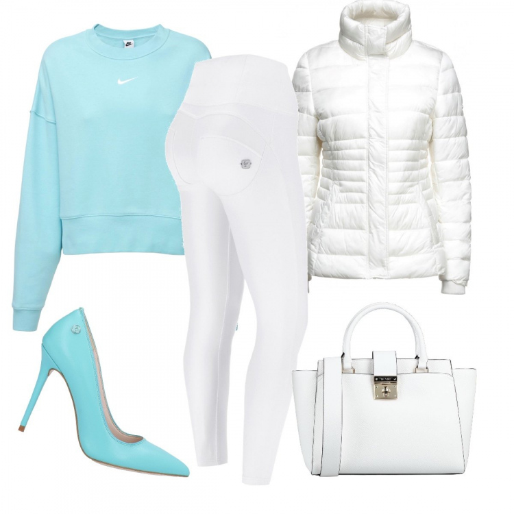 Outfit donna - Pronta per lo shopping di Natale. Stile Casual per Tutti i giorni. Abbinamento con piumini, borse a mano, décolleté, pantaloni skinny, maglieria.