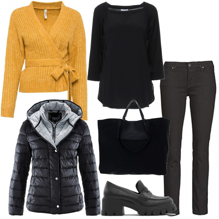 Outfit donna - A pranzo con una amica. Stile Casual chic per Serata fuori. Abbinamento con piumini, cardigans, bluse, mocassini, jeans, shopping bag.