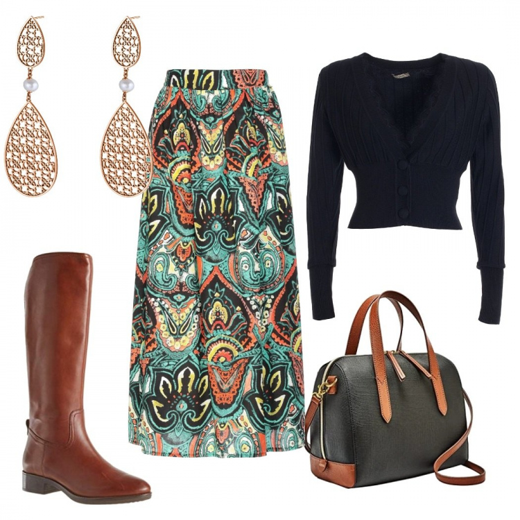 Outfit donna - Lasorry. Stile Etnico Abbinamento con gonne lunghe, cardigans, orecchini, borse a tracolla, stivali sopra il ginocchio.