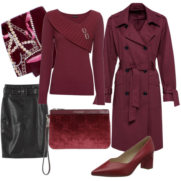 Outfit donna - In visita ai parenti. Stile Casual chic per Tutti i giorni. Abbinamento con maglieria, trench, borse a mano, gonne, sciarpe, scarpe col tacco.