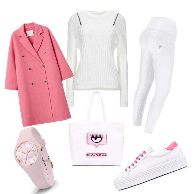 Outfit donna - White Pink!. Stile Trendy per Tutti i giorni. Abbinamento con pullovers, borse a spalla, sneakers, pantaloni skinny, cappotti, orologi.