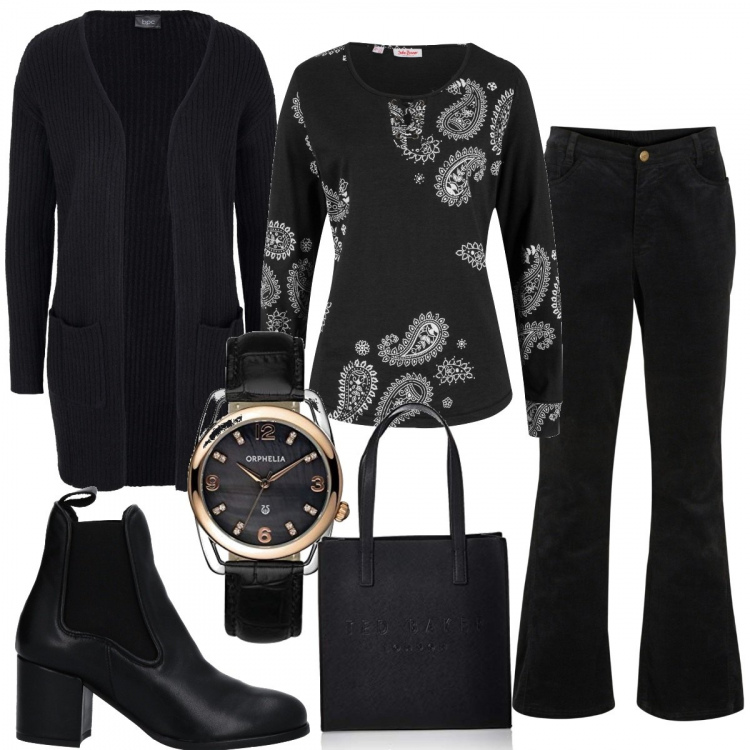 Outfit donna - Total look #1218345. Stile 70s per Tutti i giorni. Abbinamento con pantaloni, maglieria, cardigans, stivaletti, orologi analogici, borse a spalla.