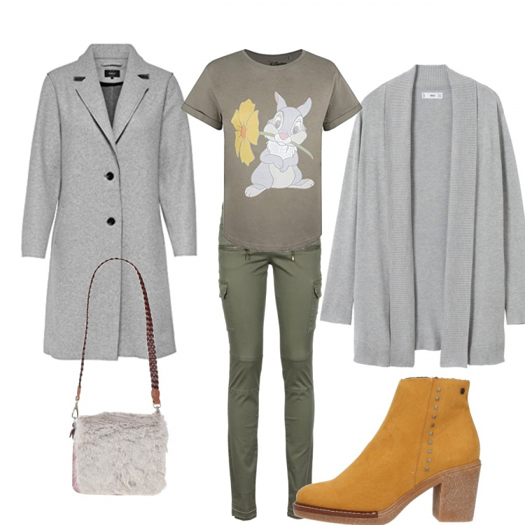 Outfit donna - Coniglietto. Stile Casual per Tutti i giorni. look ideale per Tall. Abbinamento con pantaloni cargo, borse a spalla, stivaletti, cappotti, cardigans, t-shirt.