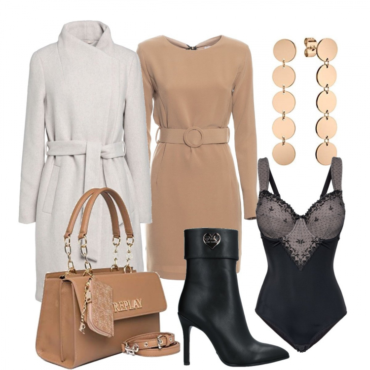 Outfit donna - In ufficio con stile. Stile Bon Ton per Ufficio. Abbinamento con body, cappotti, stivaletti, vestiti a tubino, borse a mano, orecchini.