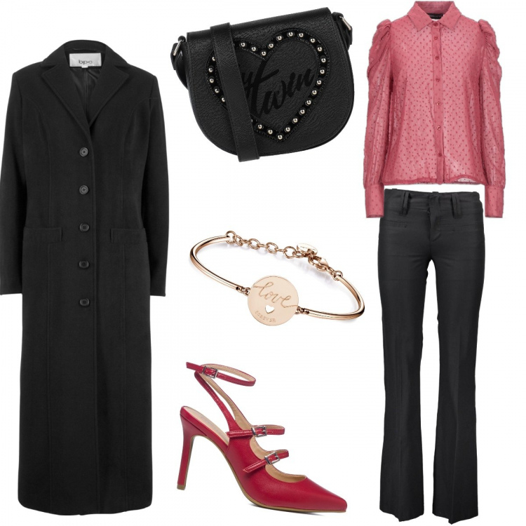 Outfit donna - Feste di Natale. Stile Casual chic per Serata fuori. Abbinamento con cappotti, camicie, borse a tracolla, braccialetti, décolleté, pantaloni.