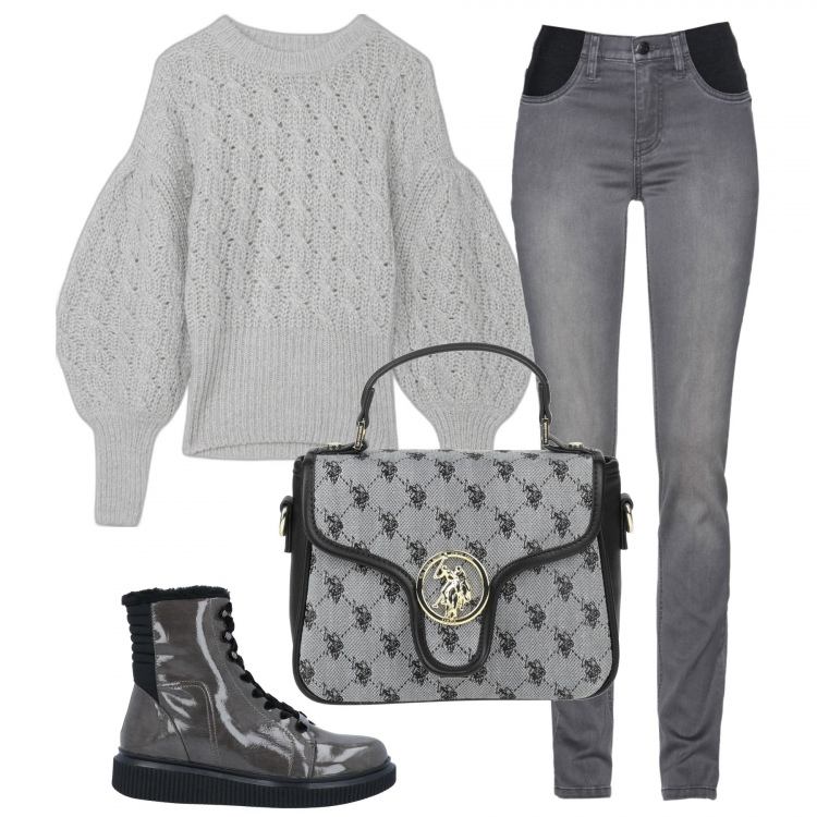 Outfit donna - In grigio. Stile Casual per Tutti i giorni. Abbinamento con jeans, stivaletti, borse a mano, pullovers.