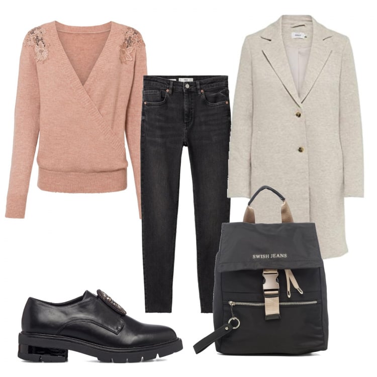 Outfit donna - Pronta per la terza dose. Stile Casual chic per Tutti i giorni. Abbinamento con maglieria, scarpe stringate, zaini, cappotti, jeans skinny.