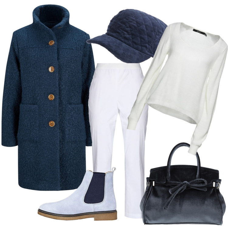 Outfit donna - Bianco e blu. Stile Casual per Tutti i giorni. Abbinamento con cappotti, borse a mano, pantaloni, pullovers, stivaletti chelsea, cappelli con visiera.