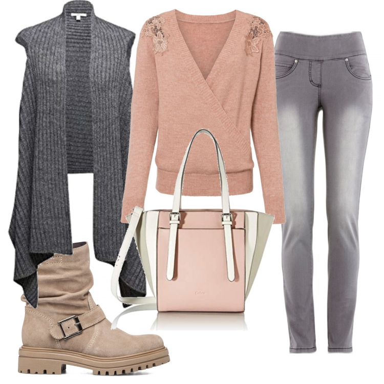 Outfit donna - Total look #1219675. Stile Basic per Tutti i giorni. Abbinamento con jeans slim fit, maglieria, stivaletti, sciarpe, shopping bag.