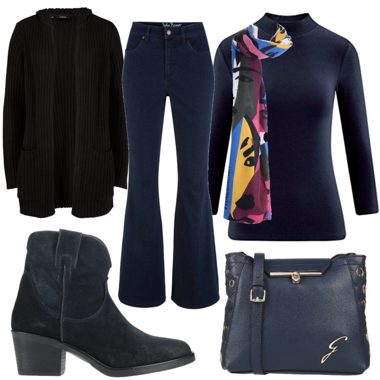 Outfit donna - Un foulard colorato. Stile 70s per Tutti i giorni. Abbinamento con cardigans, jeans a zampa, borse a tracolla, stivaletti, foulard, maglieria.