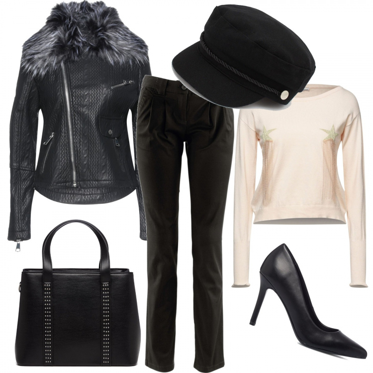Outfit donna - Rock. Stile Rock per Tutti i giorni. Abbinamento con pantaloni chino, giacche, pullovers, cappelli, décolleté, borse a mano.