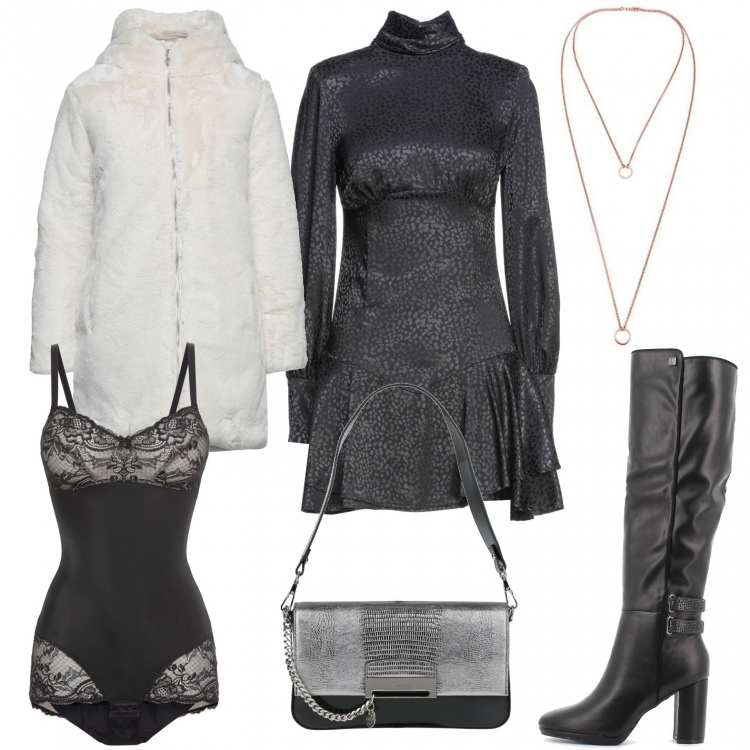 Outfit donna - Evening time. Stile Glamour per Serata fuori. Abbinamento con body, cappotti, borse a mano, vestiti corti, stivali, collane.