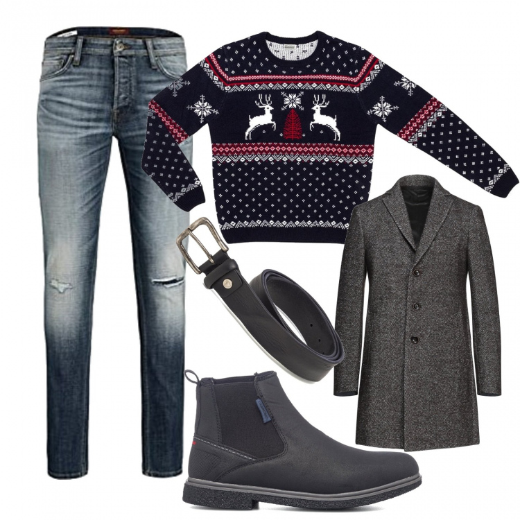 Outfit uomo - Total look #1220241. Stile Trendy per Tutti i giorni. Abbinamento con maglieria, stivali e stivaletti, cinture, cappotti, jeans.