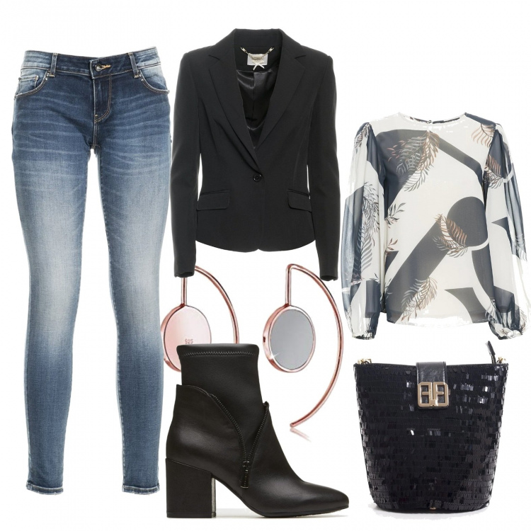 Outfit donna - Total look #1220244. Stile Casual chic per Tutti i giorni. Abbinamento con bluse, blazer, jeans, borse a secchiello, stivaletti, orecchini.