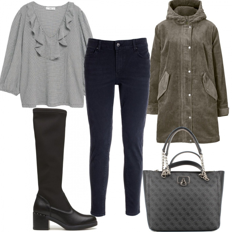 Outfit donna - A passeggio con gli stivali. Stile Casual per Tutti i giorni. Abbinamento con parka, jeans skinny, stivali, borse a mano, t-shirt.