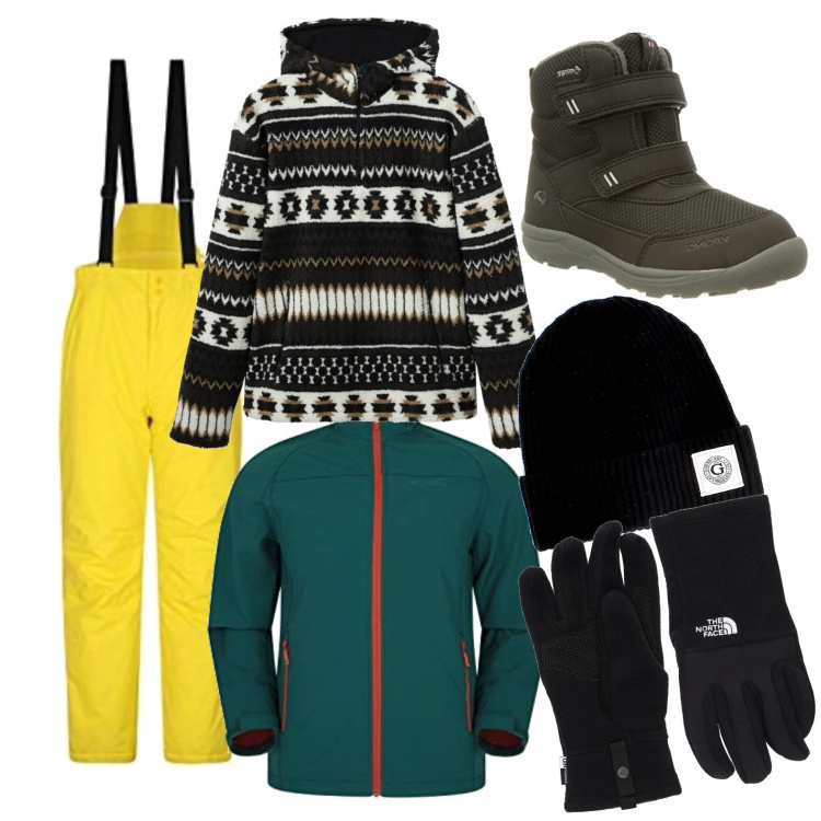 Outfit uomo - Domenica sulla neve. Stile Casual per Sport. Abbinamento con cappelli, giacche, felpe con cappuccio, pantaloni, stivali da neve, guanti.