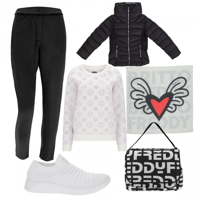 Outfit donna - Total look #1220306. Stile Casual per Tutti i giorni. Abbinamento con felpe, borse messenger, sneakers, foulard, pantaloni, piumini.