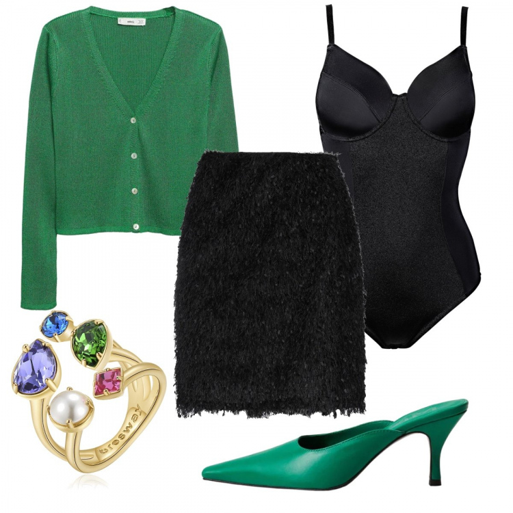 Outfit donna - Natale chic in casa. Stile Chic per Tutti i giorni. Abbinamento con body, gonne longuette, anelli, cardigans, scarpe col tacco.