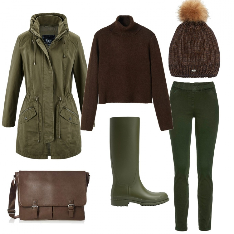 Outfit donna - Stivali da pioggia. Stile Casual per Tutti i giorni. Abbinamento con parka, pantaloni, stivali, berretti, pullovers, borse a tracolla.