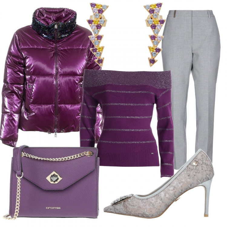 Outfit donna - Viola e grigio. Stile Casual chic per Tutti i giorni. Abbinamento con pantaloni, borse a tracolla, décolleté, orecchini, maglieria, piumini.
