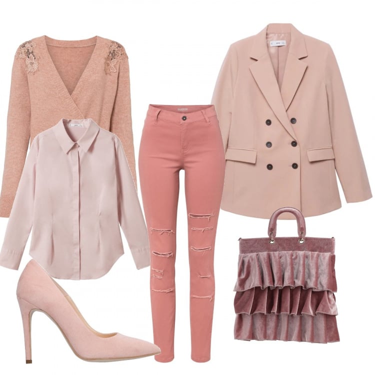 Outfit donna - Sfumature di rosa. Stile Glamour per Tutti i giorni. Abbinamento con borse a mano, décolleté, maglieria, pantaloni skinny, camicie, giacche.