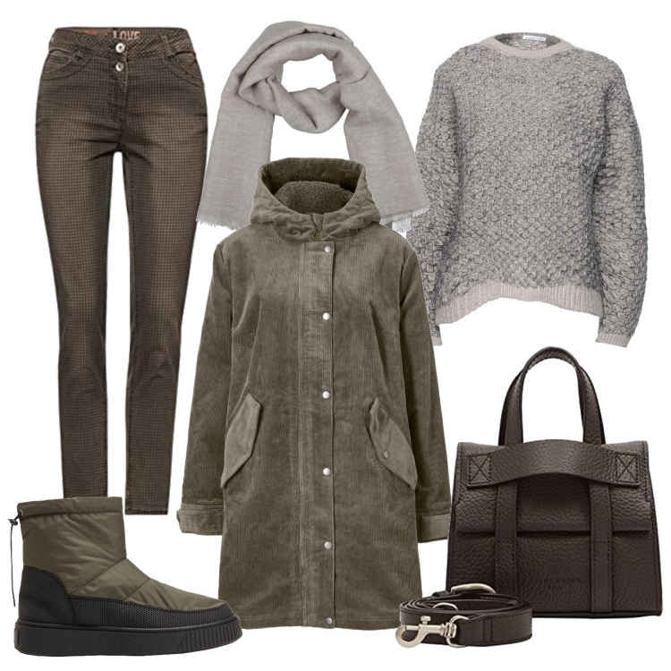 Outfit donna - Parka di velluto a costine. Stile Casual per Tutti i giorni. Abbinamento con parka, pullovers, stivaletti, sciarpe, borse a cartella, pantaloni.