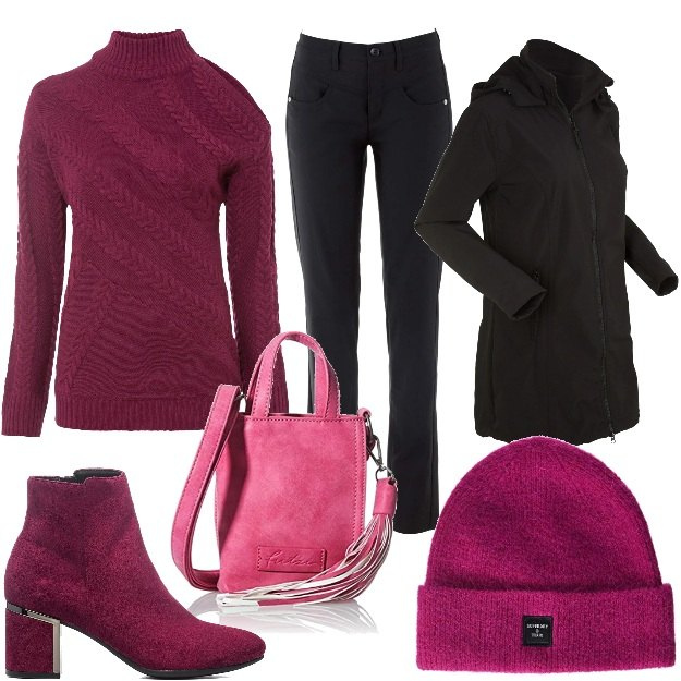 Outfit donna - Inverno con sfumature rosa. Stile Trendy per Tutti i giorni. Abbinamento con pantaloni, parka, pullovers, stivaletti, borse a mano, berretti.