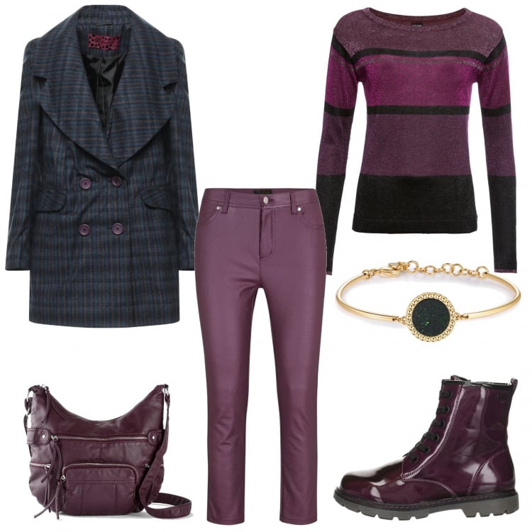 Outfit donna - Trendy per dicembre. Stile Trendy per Ufficio. Abbinamento con maglieria, pantaloni capri, borse a tracolla, cappotti, braccialetti, stivali.