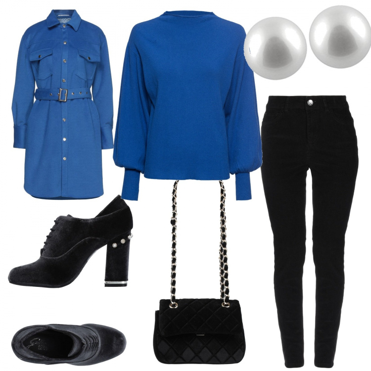 Outfit donna - Velluto. Stile Casual per Tutti i giorni. Abbinamento con maglieria, pantaloni, scarpe stringate, cappotti, borse a mano, orecchini.