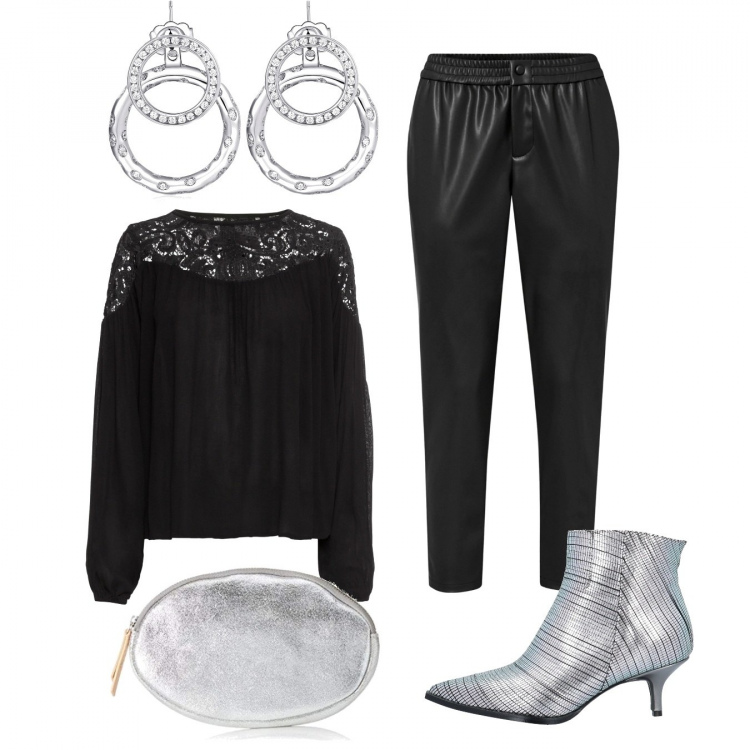 Outfit donna - Serata black and silver. Stile Chic per Serata fuori. Abbinamento con tuniche, pantaloni, stivaletti, orecchini, pochette.