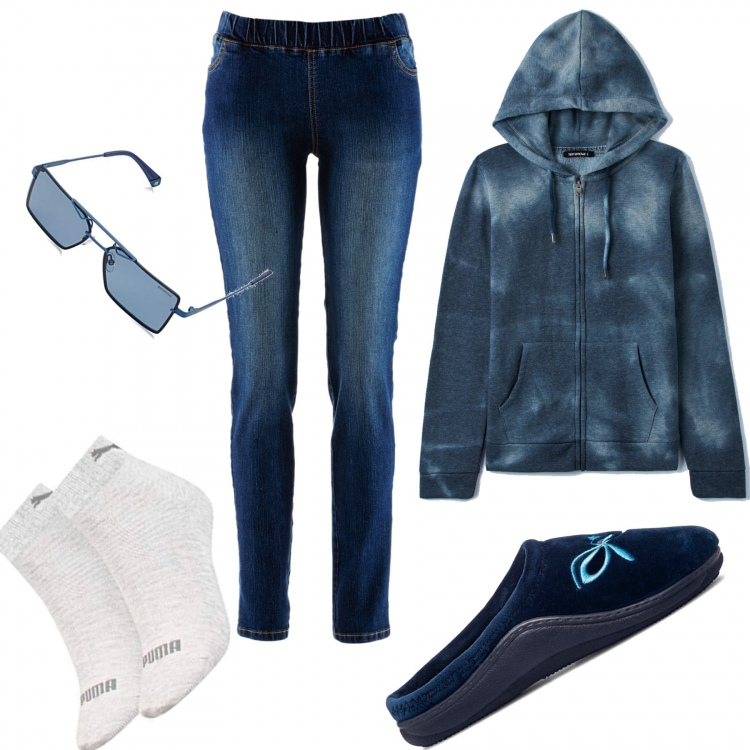 Outfit donna - 1597. BluElettrico a casa. Stile Casual per Tutti i giorni. Abbinamento con treggings, felpe con cappuccio, pantofole, calzini, occhiali da sole.