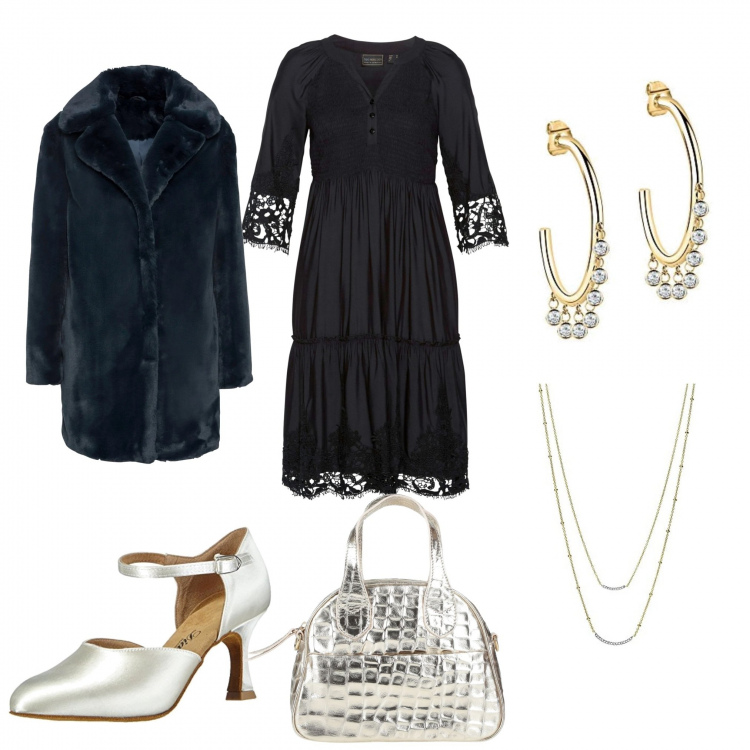 Outfit donna - Serata speciale. Stile Chic per Serata fuori. Abbinamento con vestiti chemisier, ecopellicce, borse a mano, scarpe col tacco, orecchini, collane.
