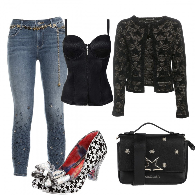 Outfit donna - Andiamo a vedere le stelle. Stile Glamour per Serata fuori. Abbinamento con body, borse a mano, giacche, jeans skinny, scarpe col tacco.
