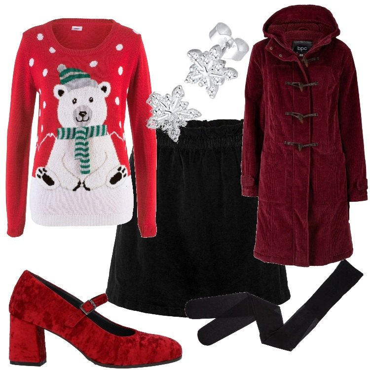 Outfit donna - Natale in famiglia. Stile Casual chic per Serata fuori. Abbinamento con montgomery, gonne, maglieria, décolleté, collant, orecchini.