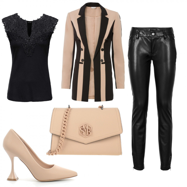 Outfit donna - Mi porta fuori a cena. Stile Chic per Serata fuori. Abbinamento con top, blazer, pantaloni, borse a tracolla, sandali.