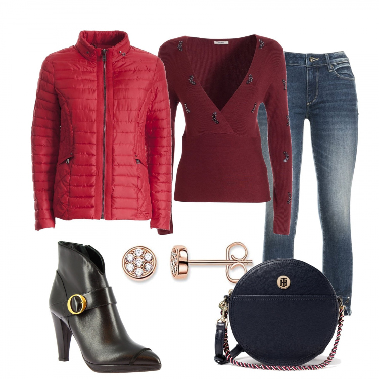 Outfit donna - Aspettando il Natale con Fracomina. Stile Casual per Tutti i giorni. Abbinamento con maglieria, jeans, piumini, stivaletti, borse a tracolla, orecchini.