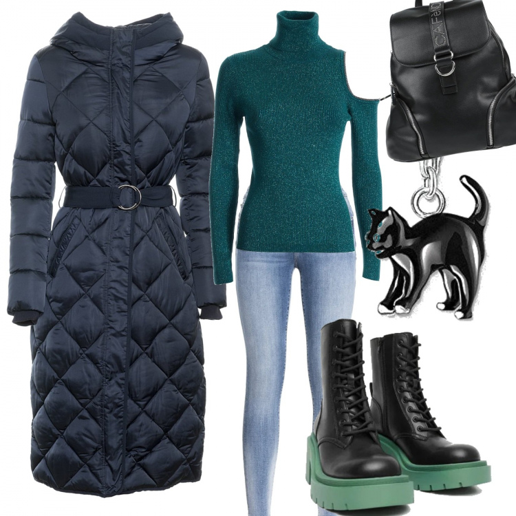 Outfit donna - Il gatto nero ️. Stile Sporty chic per Tutti i giorni. Abbinamento con zaini, piumini, maglieria, jeans, stivaletti, ciondoli.