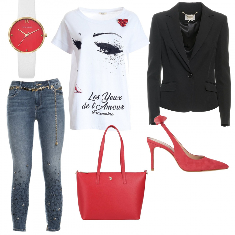 Outfit donna - Un look natalizio casual. Stile Casual per Tutti i giorni. Abbinamento con décolleté, borse a mano, t-shirt, jeans skinny, blazer, orologi analogici.