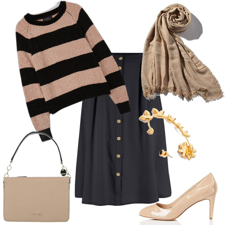 Outfit donna - La gonna comoda. Stile Casual chic per Tutti i giorni. Abbinamento con gonne longuette, borse a mano, pullovers, sciarpe, scarpe col tacco, orecchini.
