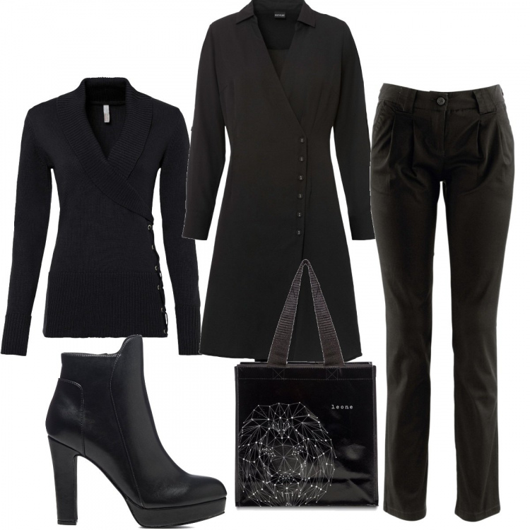 Outfit donna - Total look #1222539. Stile Trendy per Tutti i giorni. Abbinamento con pantaloni chino, pantalone taglio dritto con zip rosso, maglieria, shopping bag, stivaletti.